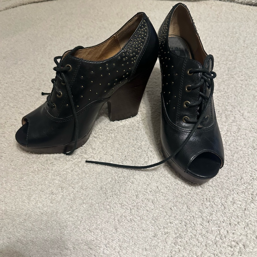 Frye Black Peep Toe Lace-Up Heels